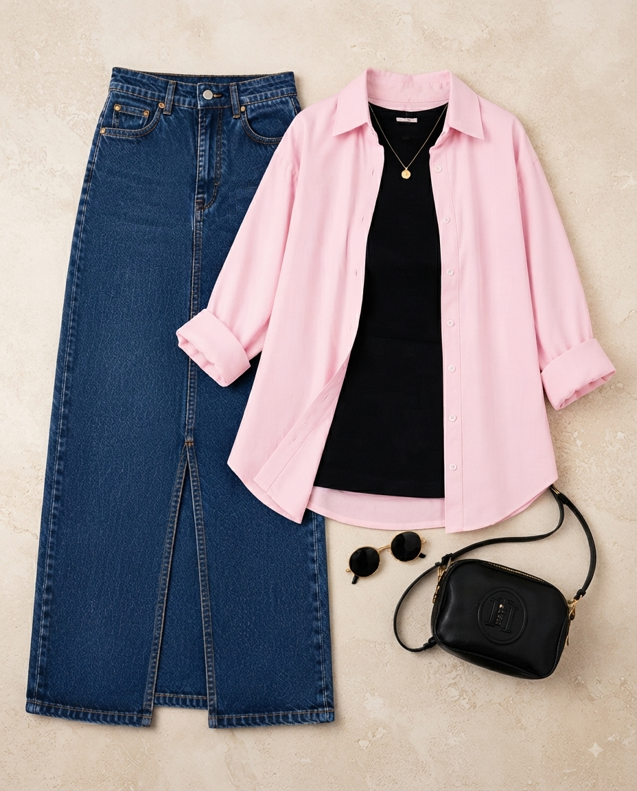 SUMMER TRIO PACK ( BROWN BUTTON DOWN SHIRT WITH WHITE INNER AND BLACK DENIM SKIRT)