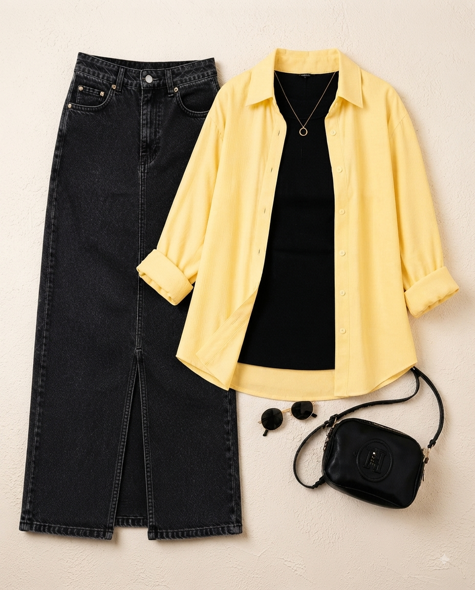 SUMMER TRIO PACK ( BUTTER YELLOW BUTTON DOWN SHIRT WITH BLACK INNER AND MALAYSIAN BLACK DENIM SKIRT)