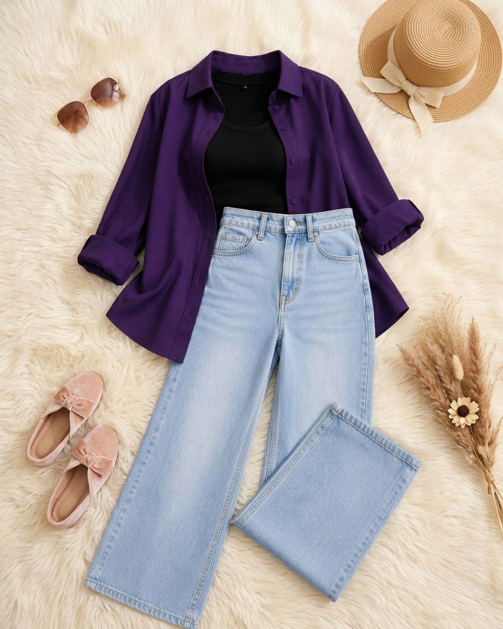 (TRIO PACK) DARK PURPLE BUTTON DOWN SHIRT WITH BLACK INNER AND ICE BLUE FADED WIDE LEG JEANS