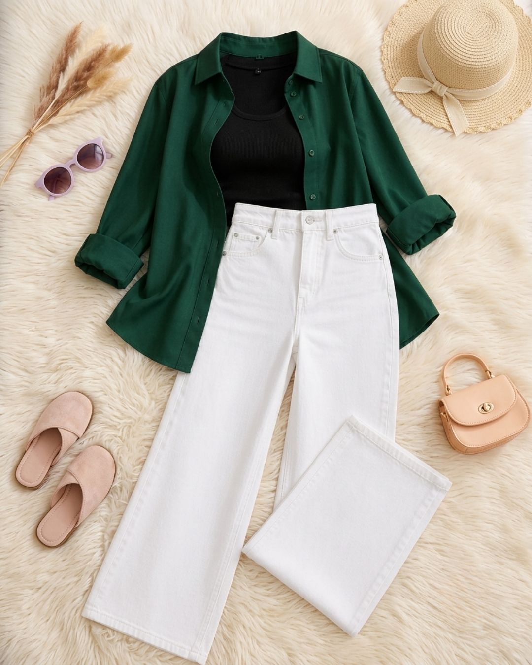 (TRIO PACK) BOTTLE GREEN BUTTON DOWN SHIRT WITH BLACK INNER AND WHITE WIDE LEG JEANS