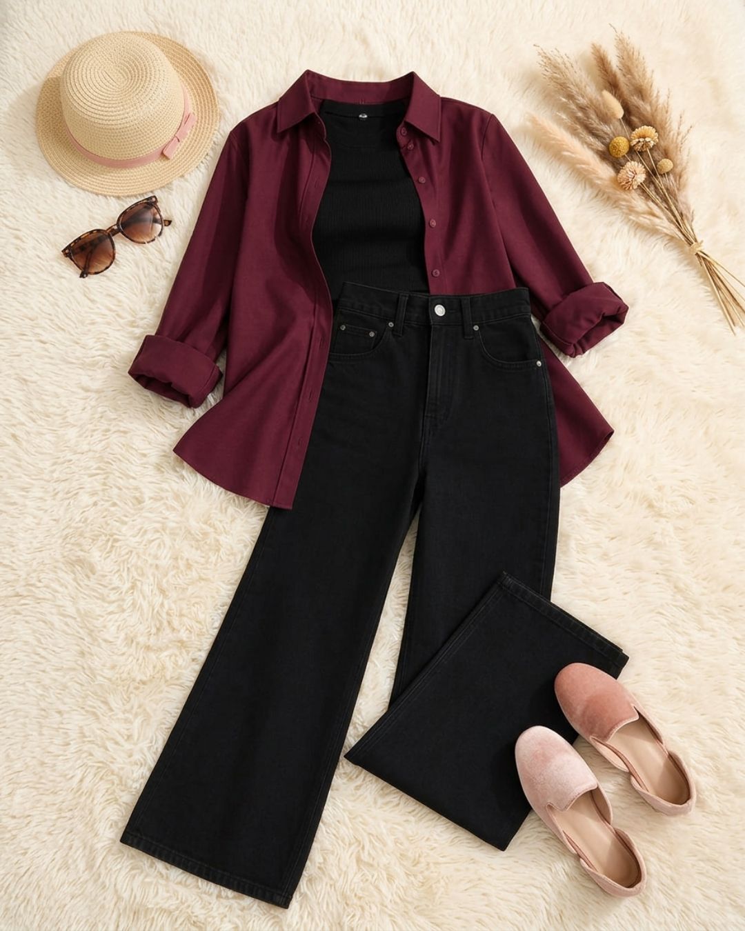 (TRIO PACK) MAROON BUTTON DOWN SHIRT WITH BLACK INNER AND JET BLACK WIDE LEG JEANS