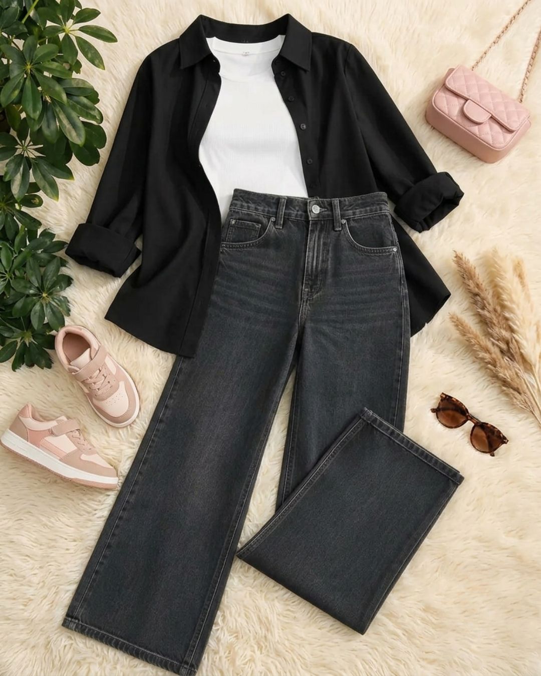 (TRIO PACK) BLACK BUTTON DOWN SHIRT WITH WHITE INNER AND MASLAYSIAN BLACK WIDE LEG JEANS