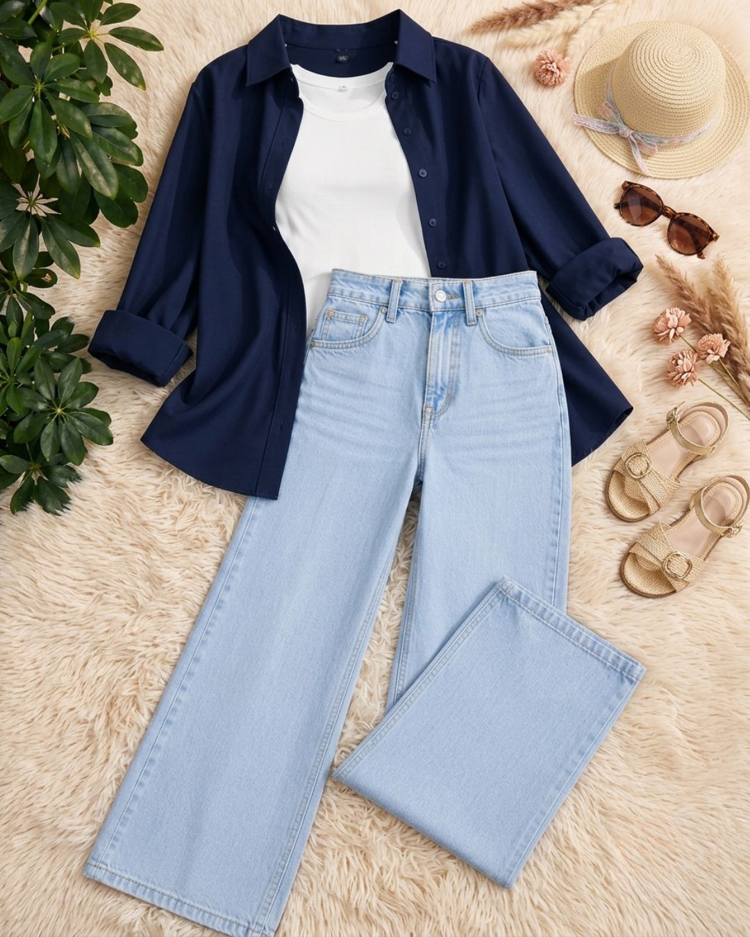 (TRIO PACK) NAVY BLUE BUTTON DOWN SHIRT WITH WHITE INNER AND ICE BLUE WIDE LEG JEANS