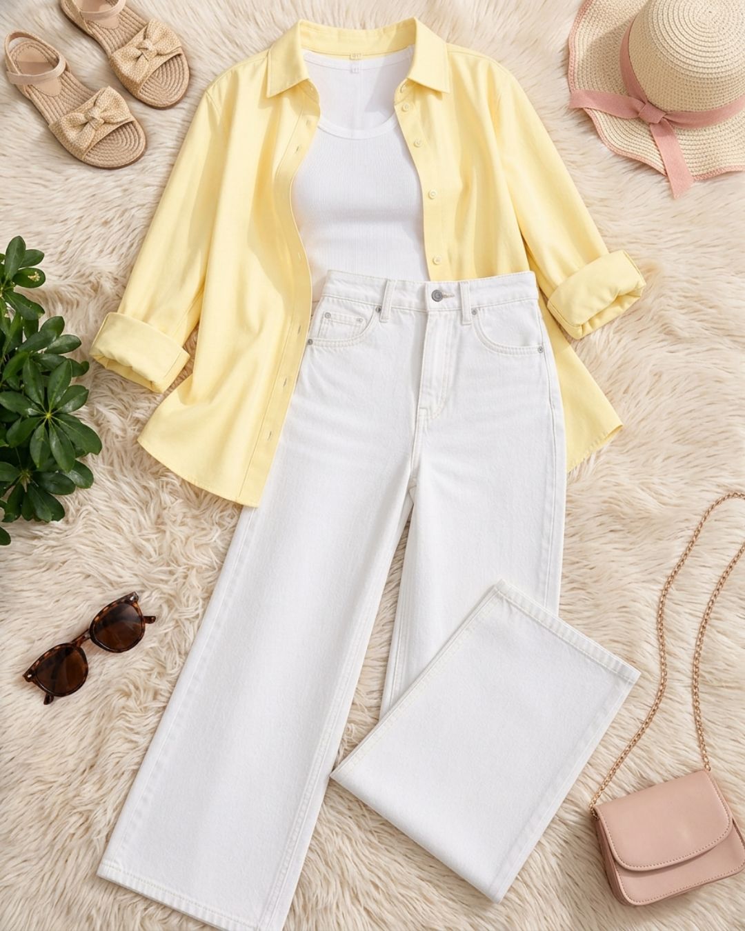 (TRIO PACK) BUTTER YELLOW BUTTON DOWN SHIRT WITH WHITE INNER AND WHITE WIDE LEG JEANS
