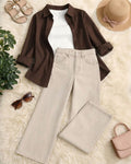 (TRIO PACK) DARK BROWN BUTTON DOWN SHIRT WITH WHITE INNER AND BEIGE WIDE LEG JEANS