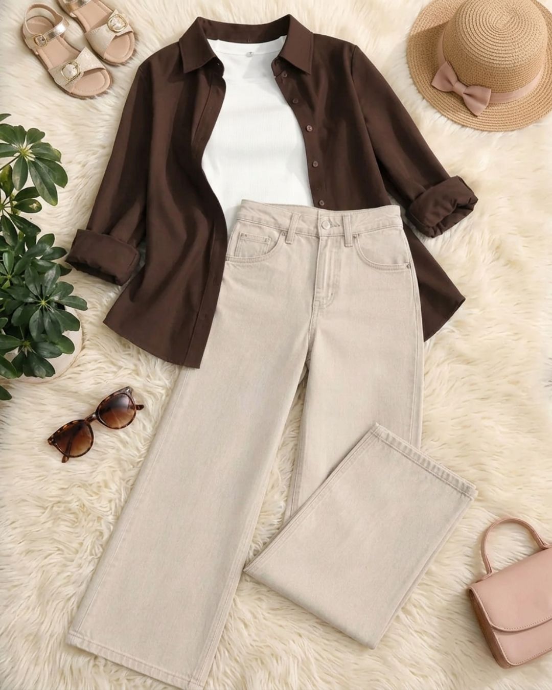 (TRIO PACK) DARK BROWN BUTTON DOWN SHIRT WITH WHITE INNER AND BEIGE WIDE LEG JEANS