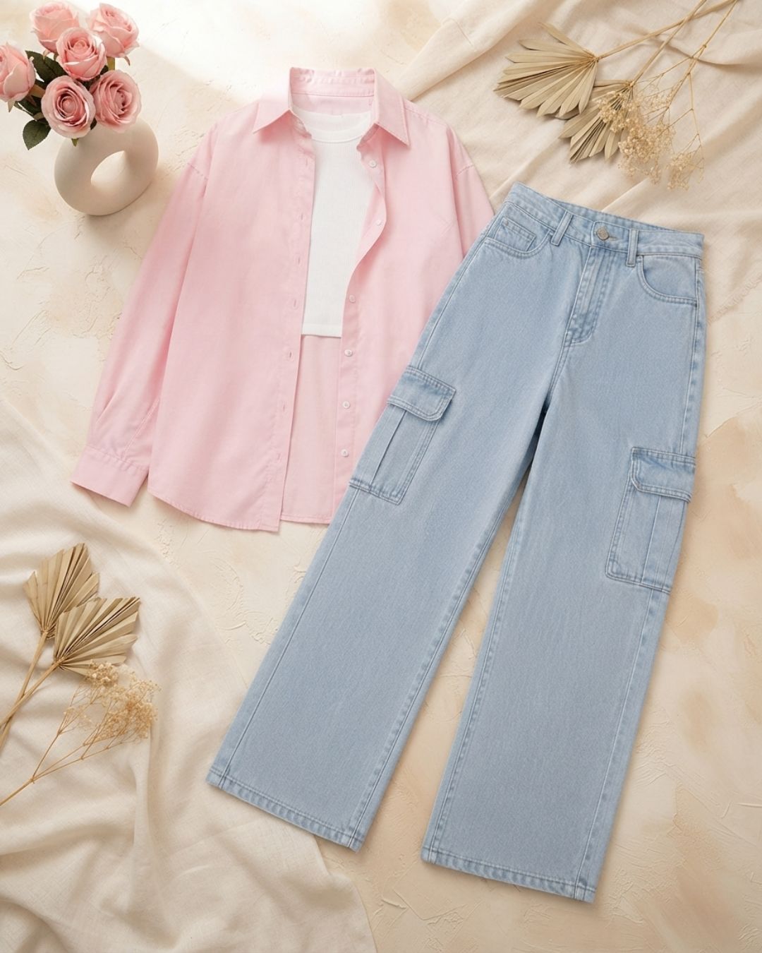 SUMMER TRIO PACK ( BABY PINK BUTTON DOWN SHIRT WITH WHITE INNER AND SKY BLUE CARGO DENIM)