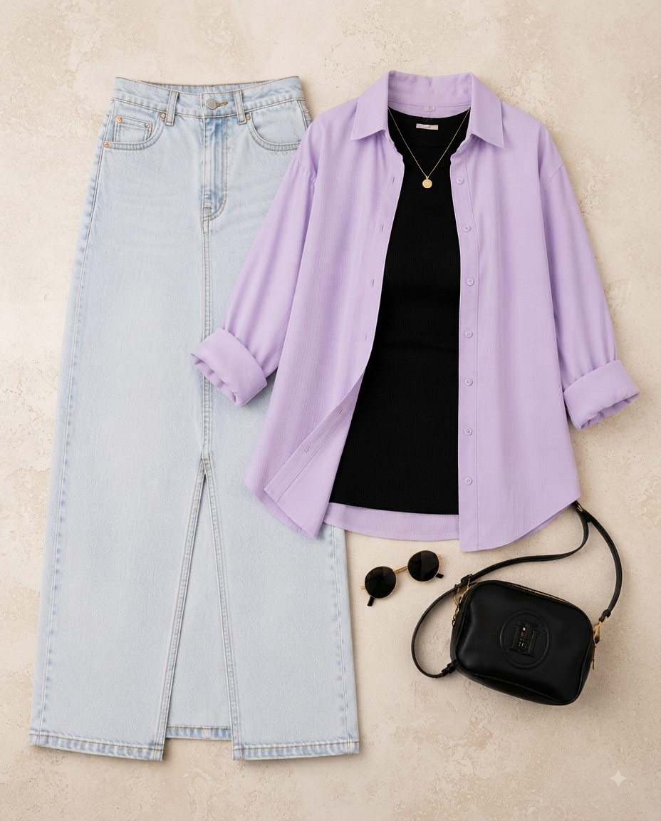 SUMMER TRIO PACK ( LILAC BUTTON DOWN SHIRT WITH BLACK INNER AND ICE BLUE DENIM SKIRT)