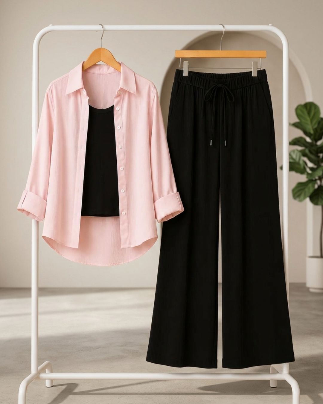 TRIO PACK ( BABY PINK BUTTON DOWN SHIRT WITH BLACK INNER AND BLACK FLAPPER TROUSER)
