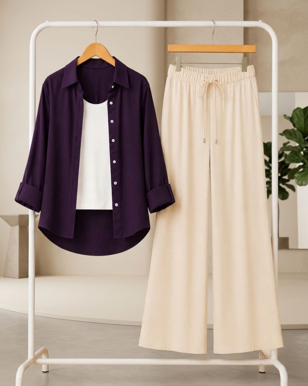 TRIO PACK ( DARK PURPLE BUTTON DOWN SHIRT WITH WHITE INNER AND BEIGE FLAPPER TROUSER)