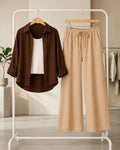 TRIO PACK ( DARK BROWN BUTTON DOWN SHIRT WITH WHITE INNER AND BEIGE FLAPPER TROUSER )
