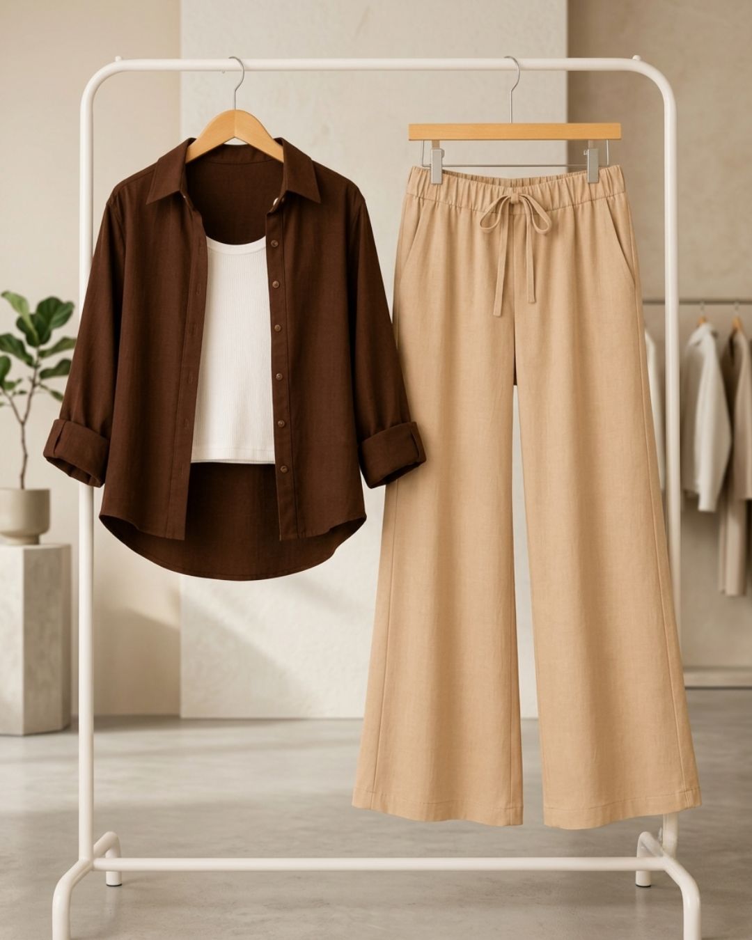 TRIO PACK ( DARK BROWN BUTTON DOWN SHIRT WITH WHITE INNER AND BEIGE FLAPPER TROUSER )