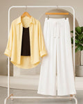 TRIO PACK ( BUTTER YELLOW BUTTON DOWN SHIRT WITH BROWN INNER AND WHITE FLAPPER TROUSER)