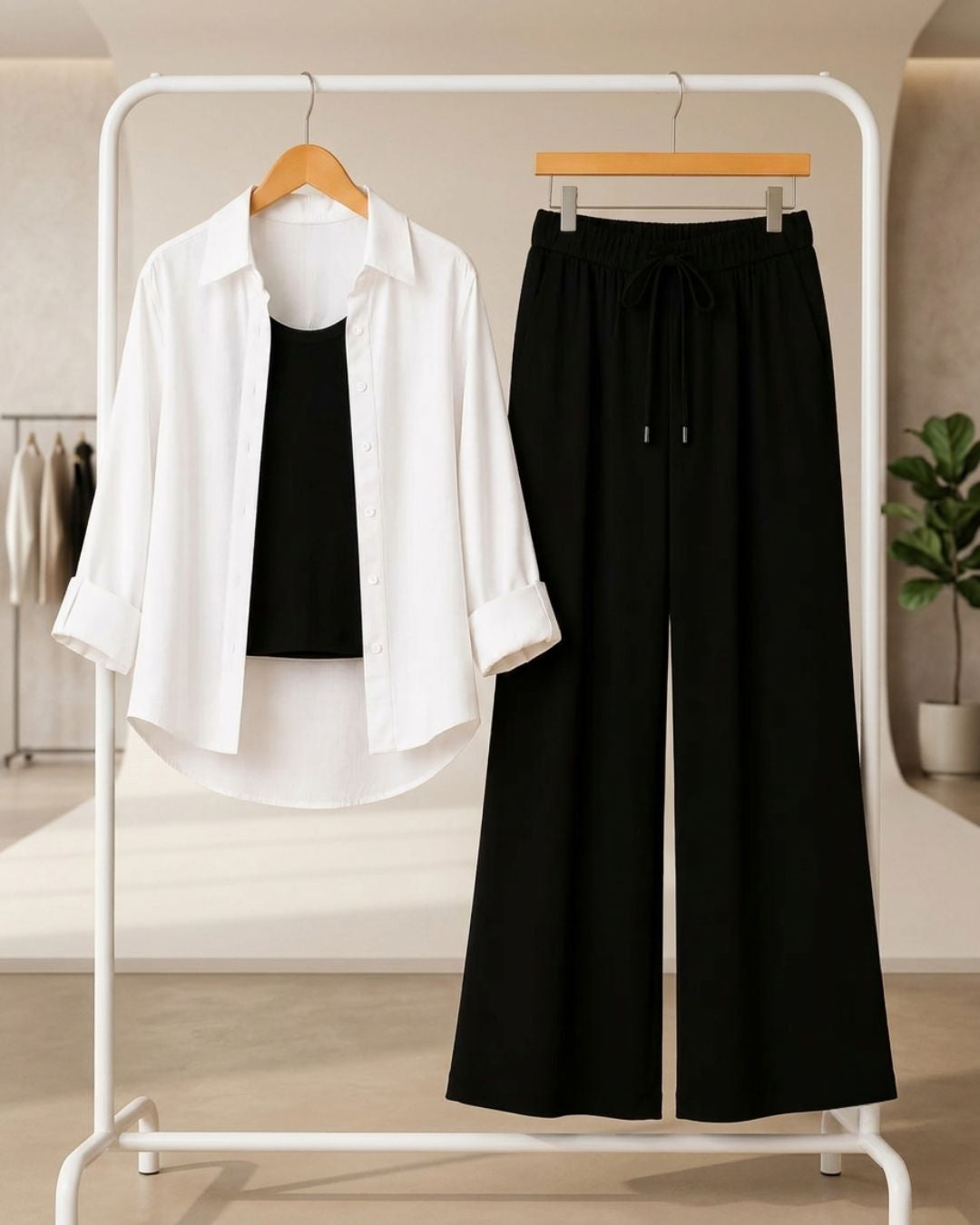 TRIO PACK ( WHITE BUTTON DOWN SHIRT WITH BLACK INNER AND BLACK FLAPPER TROUSER)