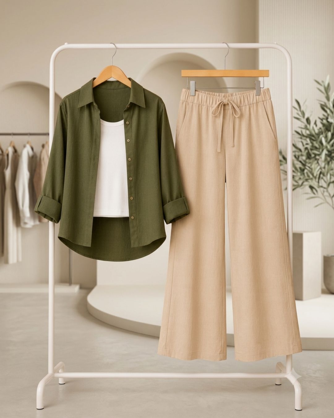 TRIO PACK ( OLIVE GREEN BUTTON DOWN SHIRT WITH WHITE INNER AND BEIGE FLAPPER TROUSER)