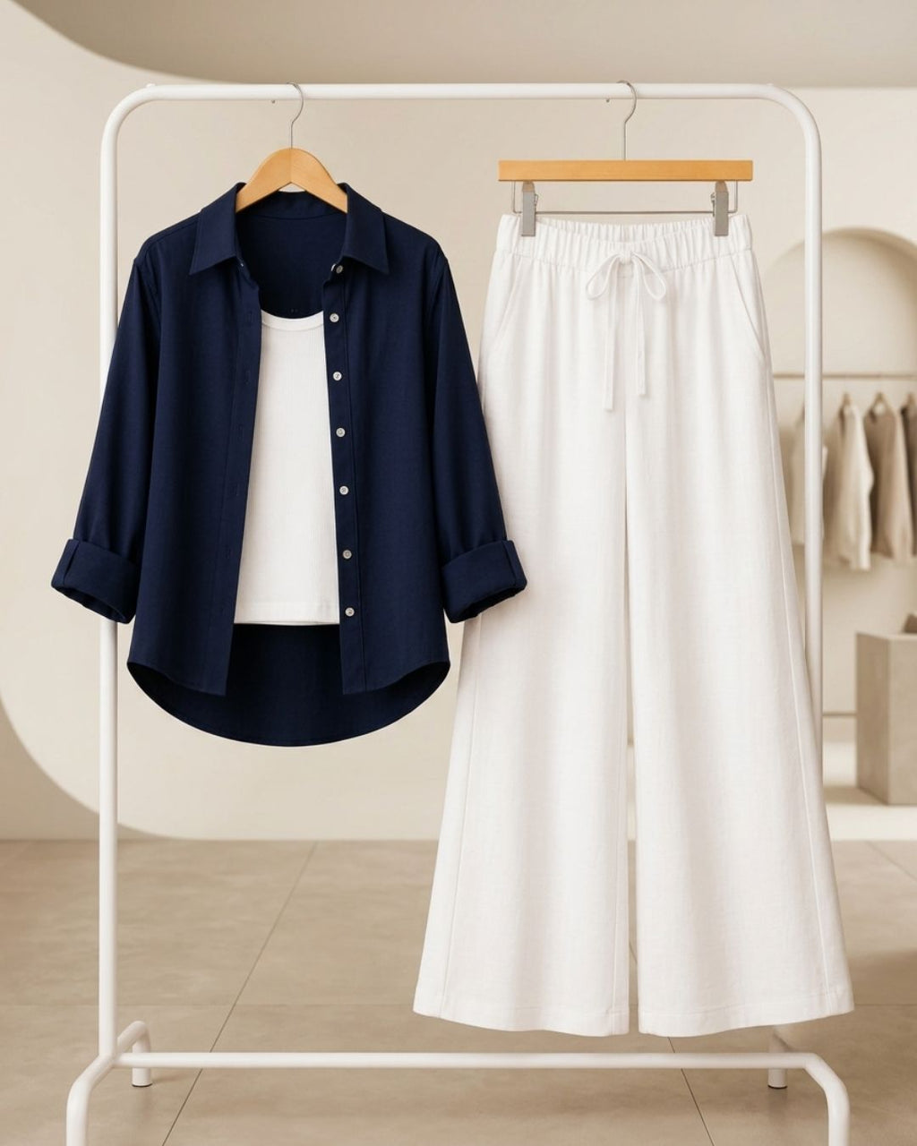 TRIO PACK ( NAVY BLUE BUTTON DOWN SHIRT WITH WHITE INNER AND WHITE FLAPPER TROUSER)