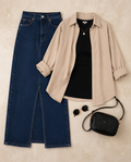 SUMMER TRIO PACK ( BEIGE BUTTON DOWN SHIRT WITH BLACK INNER AND DARK BLUE DENIM SKIRT )