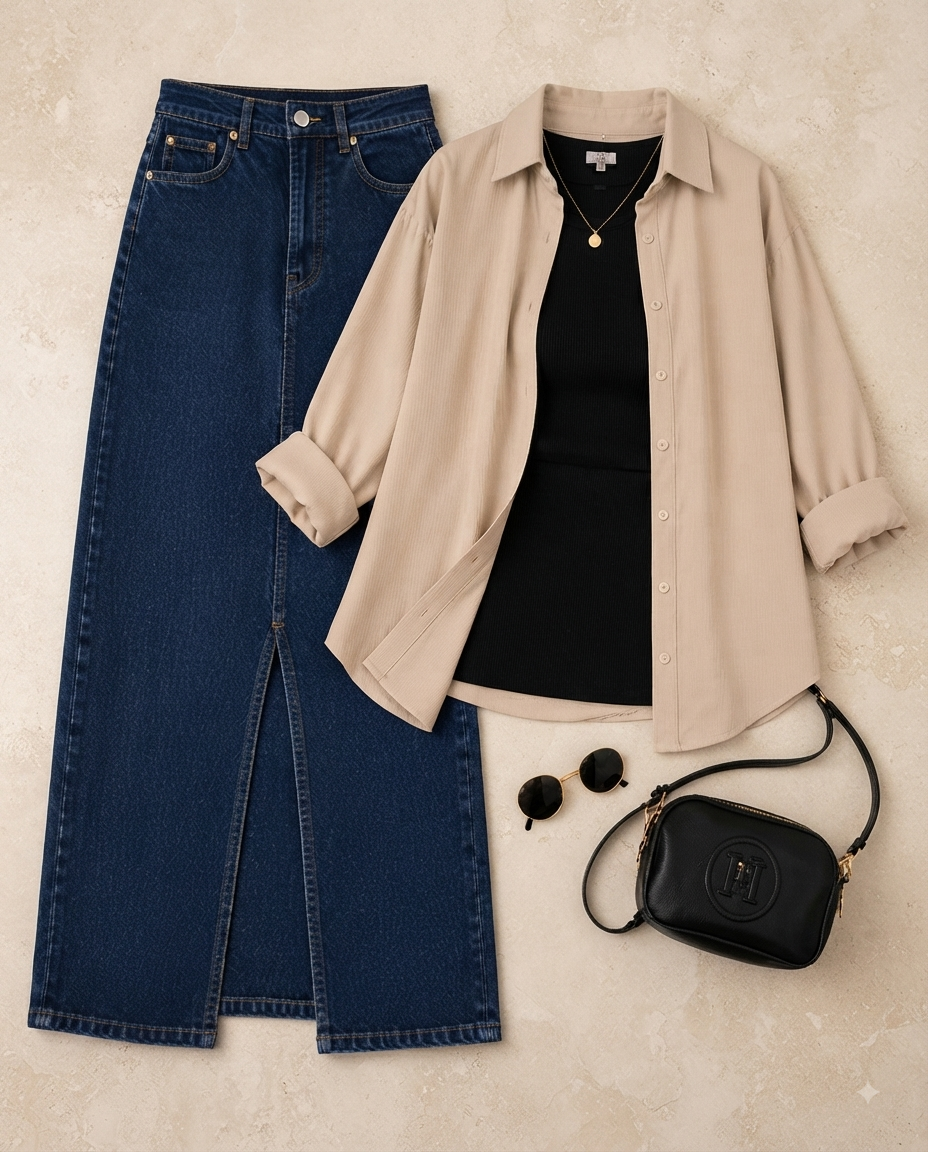 SUMMER TRIO PACK ( BEIGE BUTTON DOWN SHIRT WITH BLACK INNER AND DARK BLUE DENIM SKIRT )