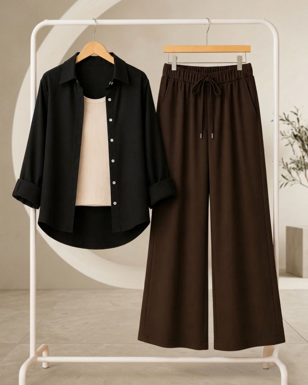 TRIO PACK ( BLACK BUTTON DOWN SHIRT WITH BEIGE INNER AND BROWN FLAPPER TROUSER)