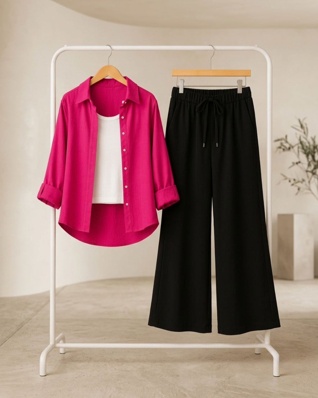 TRIO PACK ( SHOCKING PINK BUTTON DOWN SHIRT WITH WHITE INNER AND BLACK FLAPPER TROUSER)