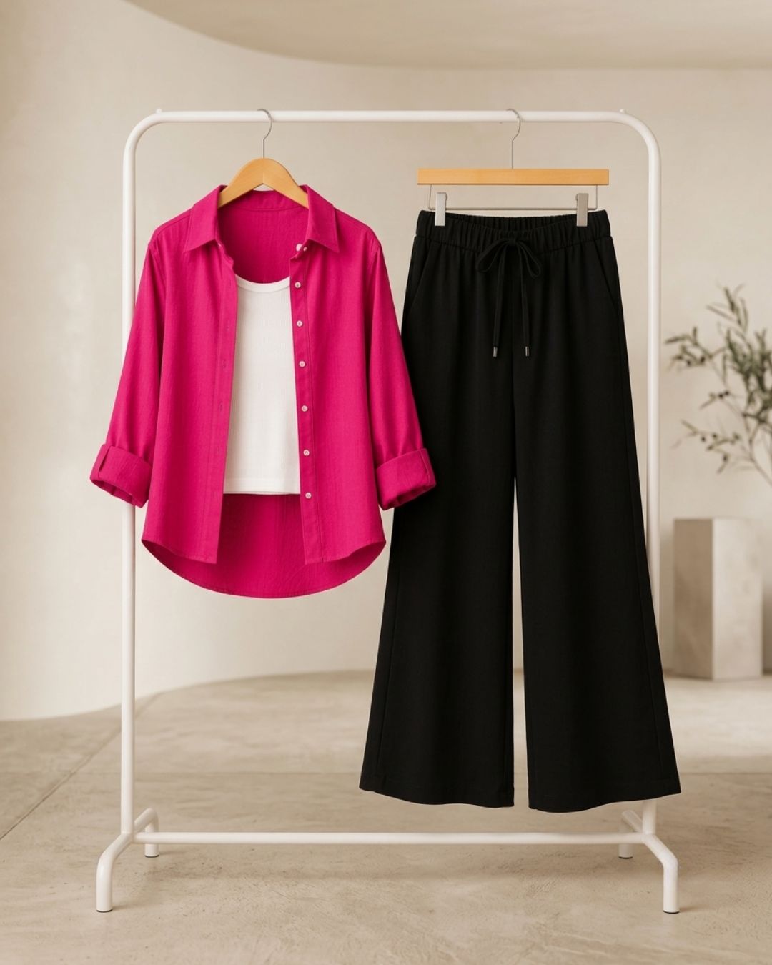 TRIO PACK ( SHOCKING PINK BUTTON DOWN SHIRT WITH WHITE INNER AND BLACK FLAPPER TROUSER)