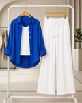 TRIO PACK ( ROYAL BLUE BUTTON DOWN SHIRT WITH WHITE INNER AND WHITE FLAPPER TROUSER)