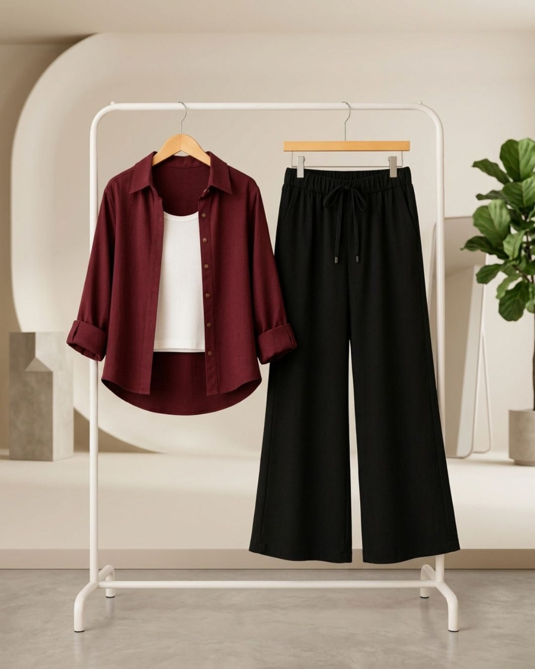 TRIO PACK ( MAROON BUTTON DOWN SHIRT WITH WHITE INNER AND BLACK FLAPPER TROUSER )
