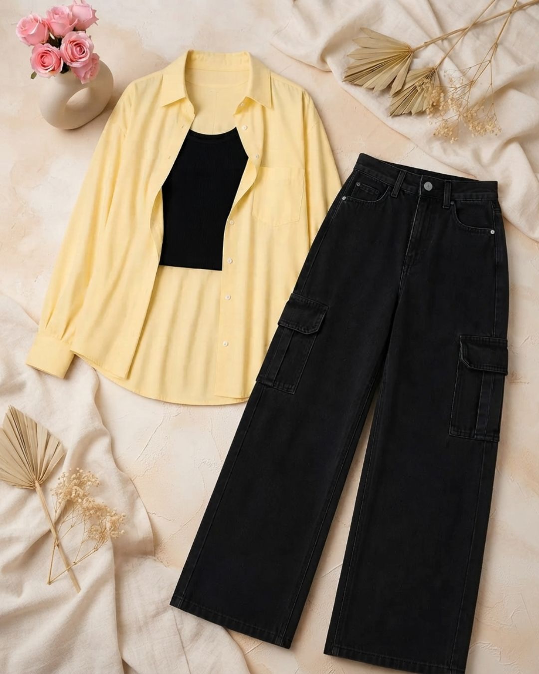 SUMMER TRIO PACK ( BUTTER YELLOW BUTTON DOWN SHIRT WITH BLACK INNER AND MALAYSIAN BLACK CARGO DENIM)