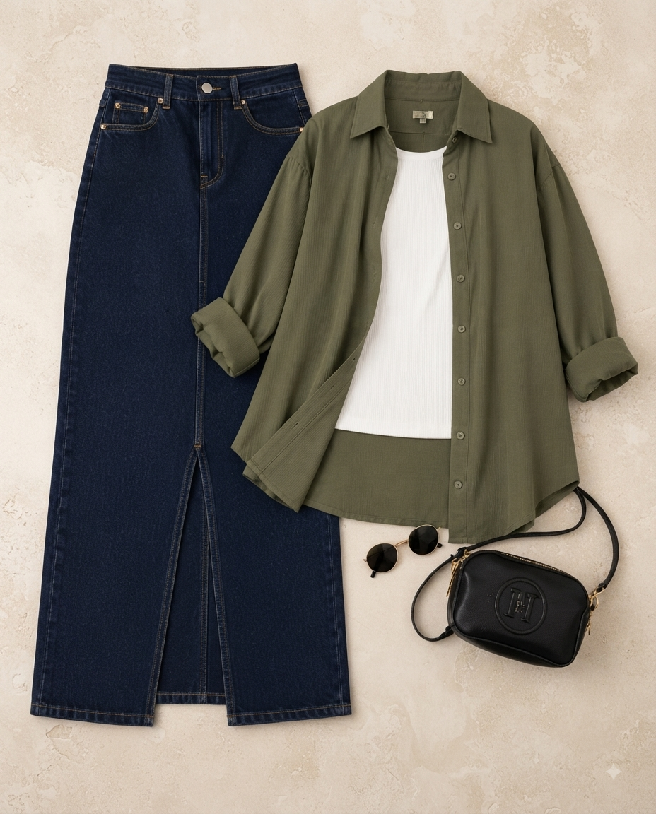 SUMMER TRIO PACK ( OLIVE GREEN BUTTON DOWN SHIRT WITH WHITE INNER AND DARK BLUE DENIM SKIRT )