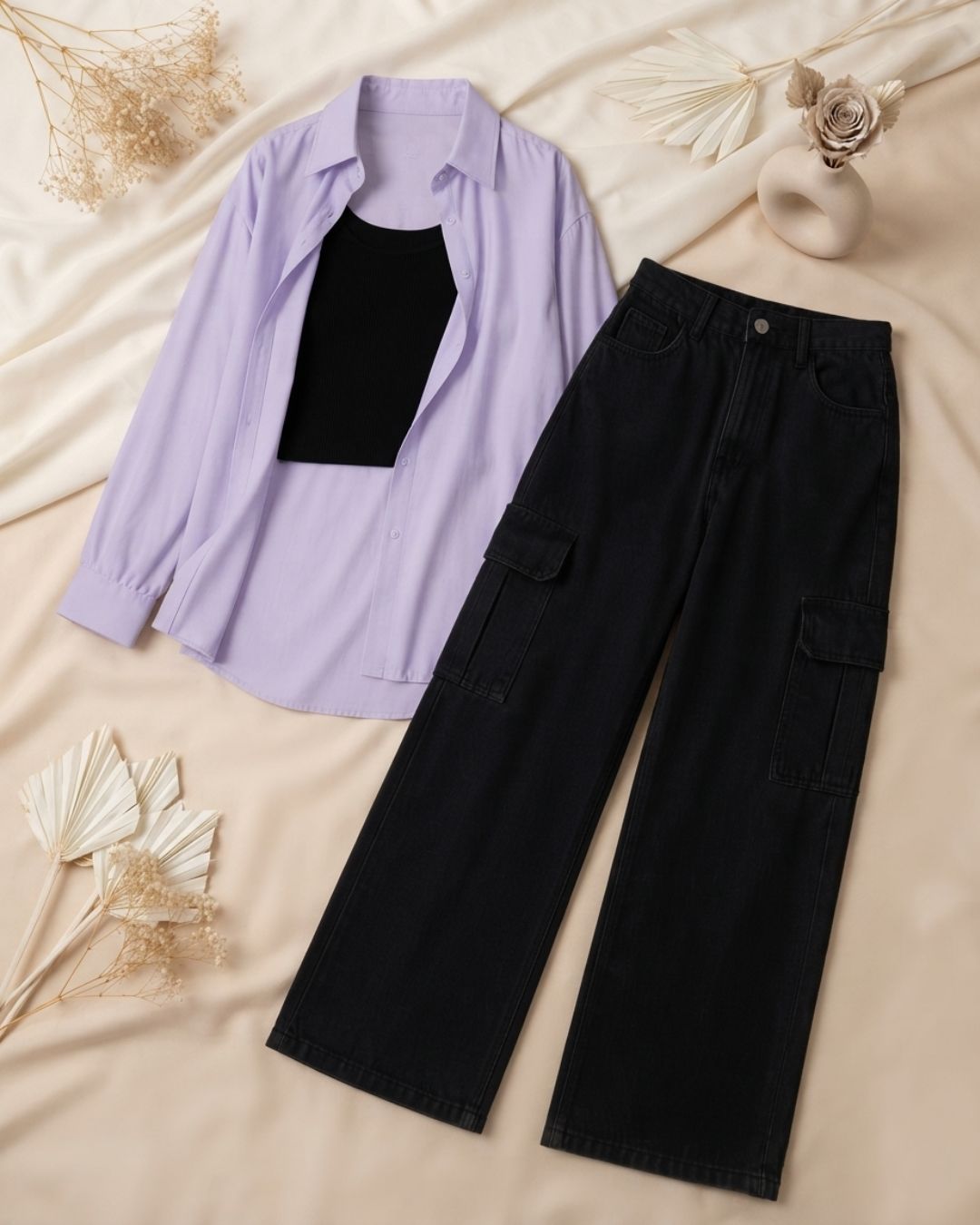 SUMMER TRIO PACK ( LILAC BUTTON DOWN SHIRT WITH BLACK INNER AND JET BLACK CARGO DENIM.)