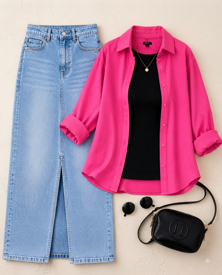 SUMMER TRIO PACK ( SHOCKING PINK BUTTON DOWN SHIRT WITH BLACK INNER AND SKY BLUE DENIM SKIRT)