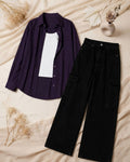 SUMMER TRIO PACK ( DARK PURPLE BUTTON DOWN SHIRT WITH WHITE INNER AND BLACK WIDE LEG CARGO DENIM)