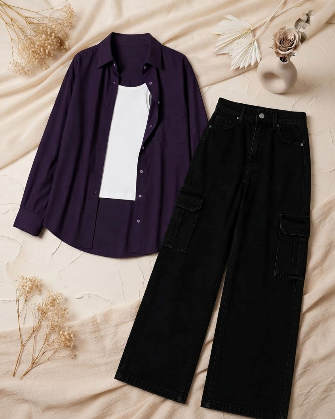SUMMER TRIO PACK ( DARK PURPLE BUTTON DOWN SHIRT WITH WHITE INNER AND BLACK WIDE LEG CARGO DENIM)