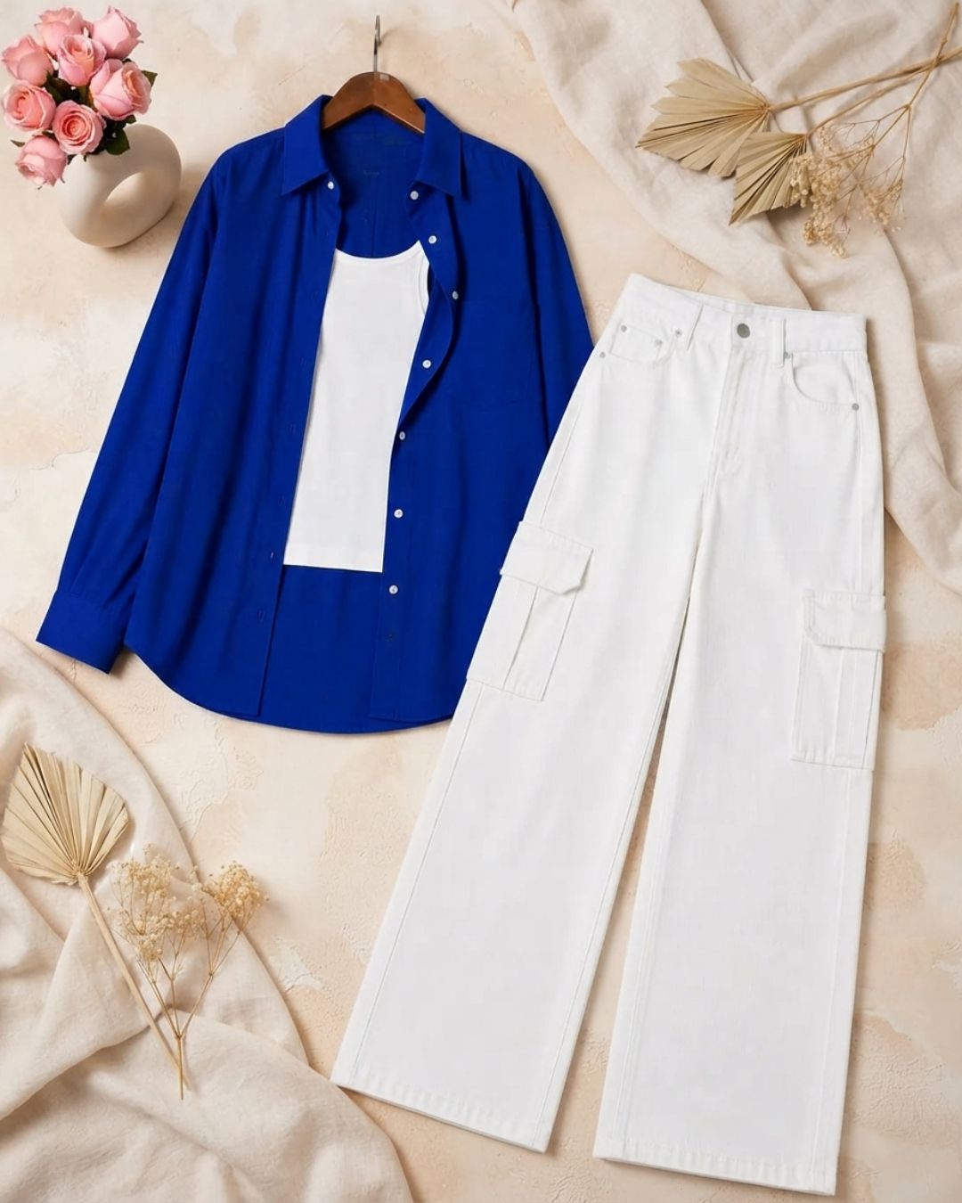 SUMMER TRIO PACK ( ROYAL BLUE BUTTON DOWN SHIRT WITH WHITE INNER AND WHITE WIDE LEG CARGO DENIM)