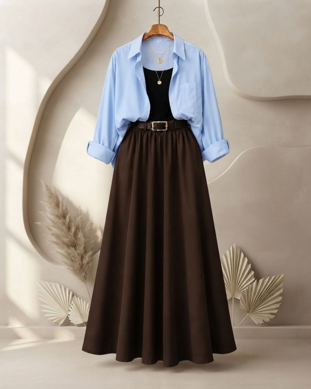 SUMMER TRIO PACK ( SKY BLUE BUTTON DOWN SHIRT WITH BLACK INNER AND DARK BROWN MAXI SKIRT)