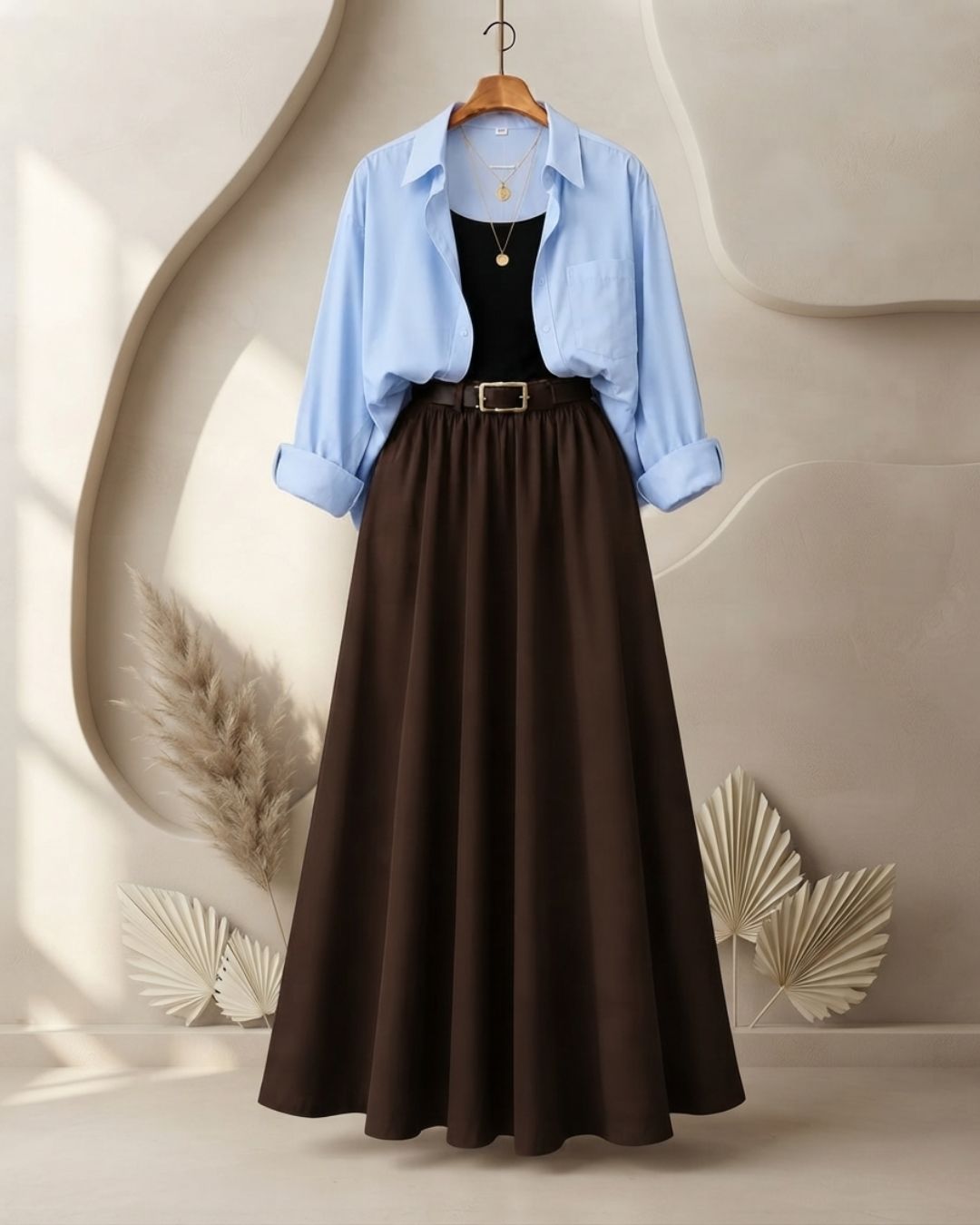 SUMMER TRIO PACK ( SKY BLUE BUTTON DOWN SHIRT WITH BLACK INNER AND DARK BROWN MAXI SKIRT)