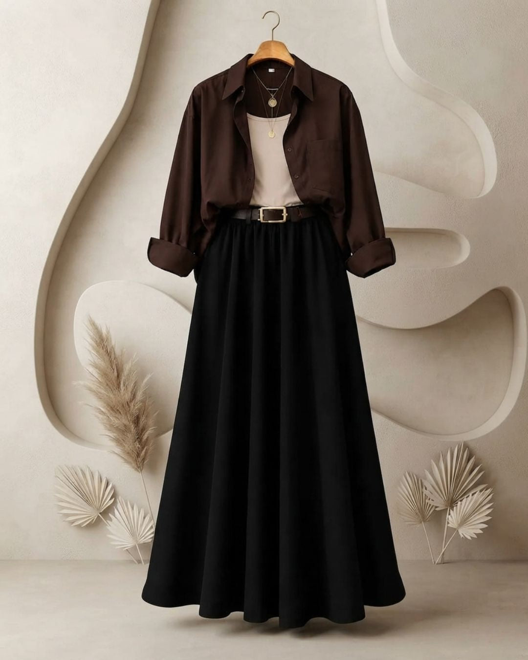 SUMMER TRIO PACK ( DARK BROWN BUTTON DOWN SHIRT WITH BEIGE INNER AND BLACK MAXI SKIRT)