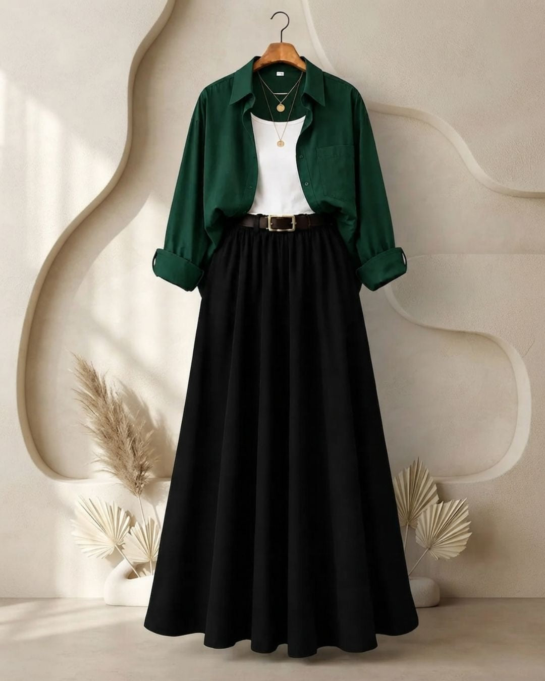 SUMMER TRIO PACK ( BOTTLE GREEN BUTTON DOWN SHIRT WITH WHITE INNER AND BLACK MAXI SKIRT )