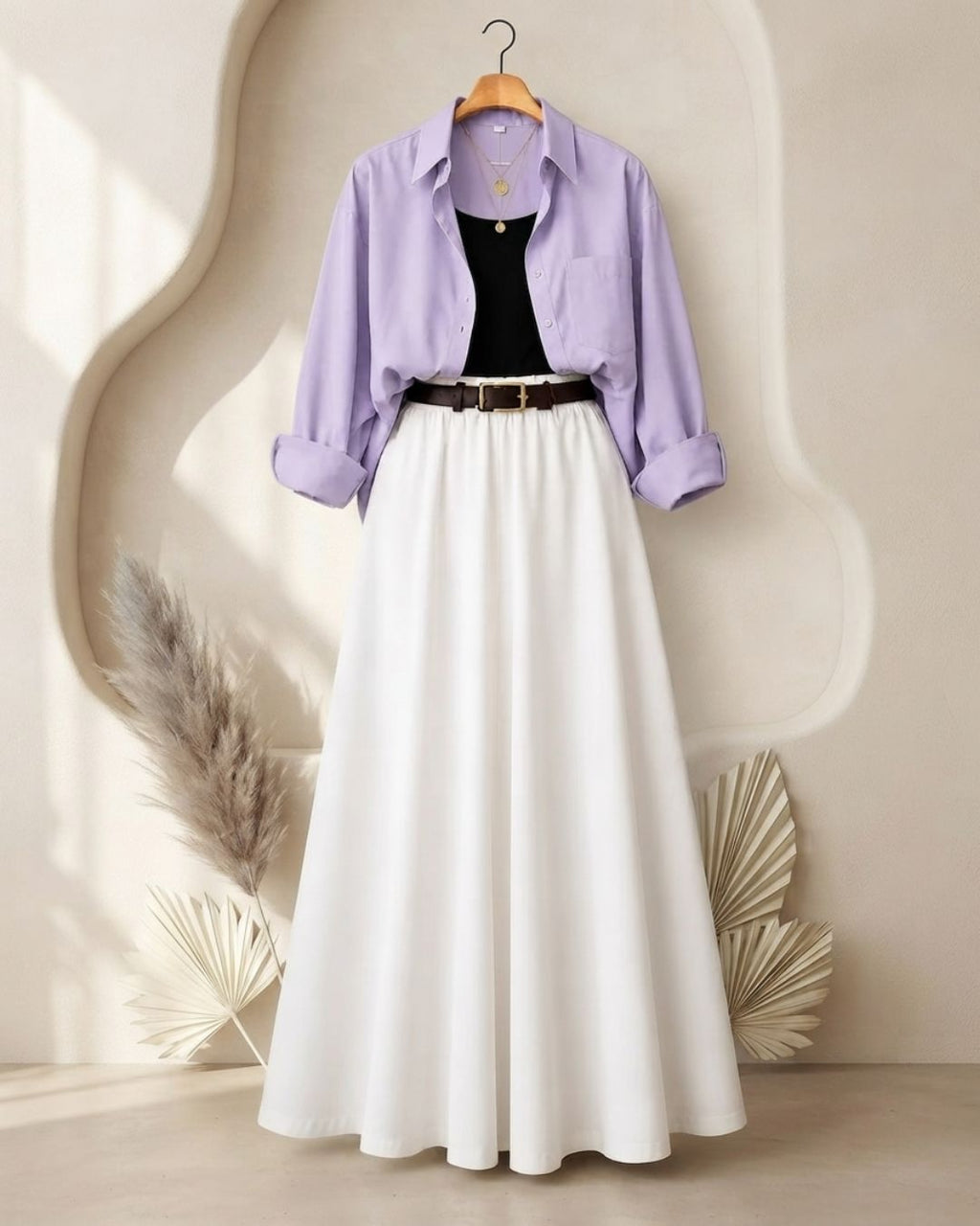 SUMMER TRIO PACK ( LILAC BUTTON DOWN SHIRT WITH BLACK INNER AND WHITE MAXI SKIRT)