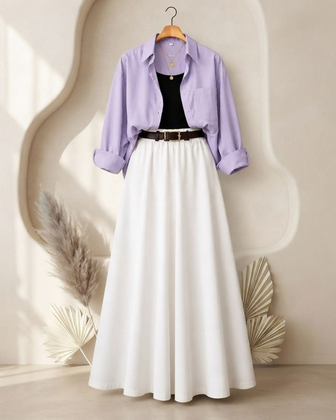 SUMMER TRIO PACK ( LILAC BUTTON DOWN SHIRT WITH BLACK INNER AND WHITE MAXI SKIRT)