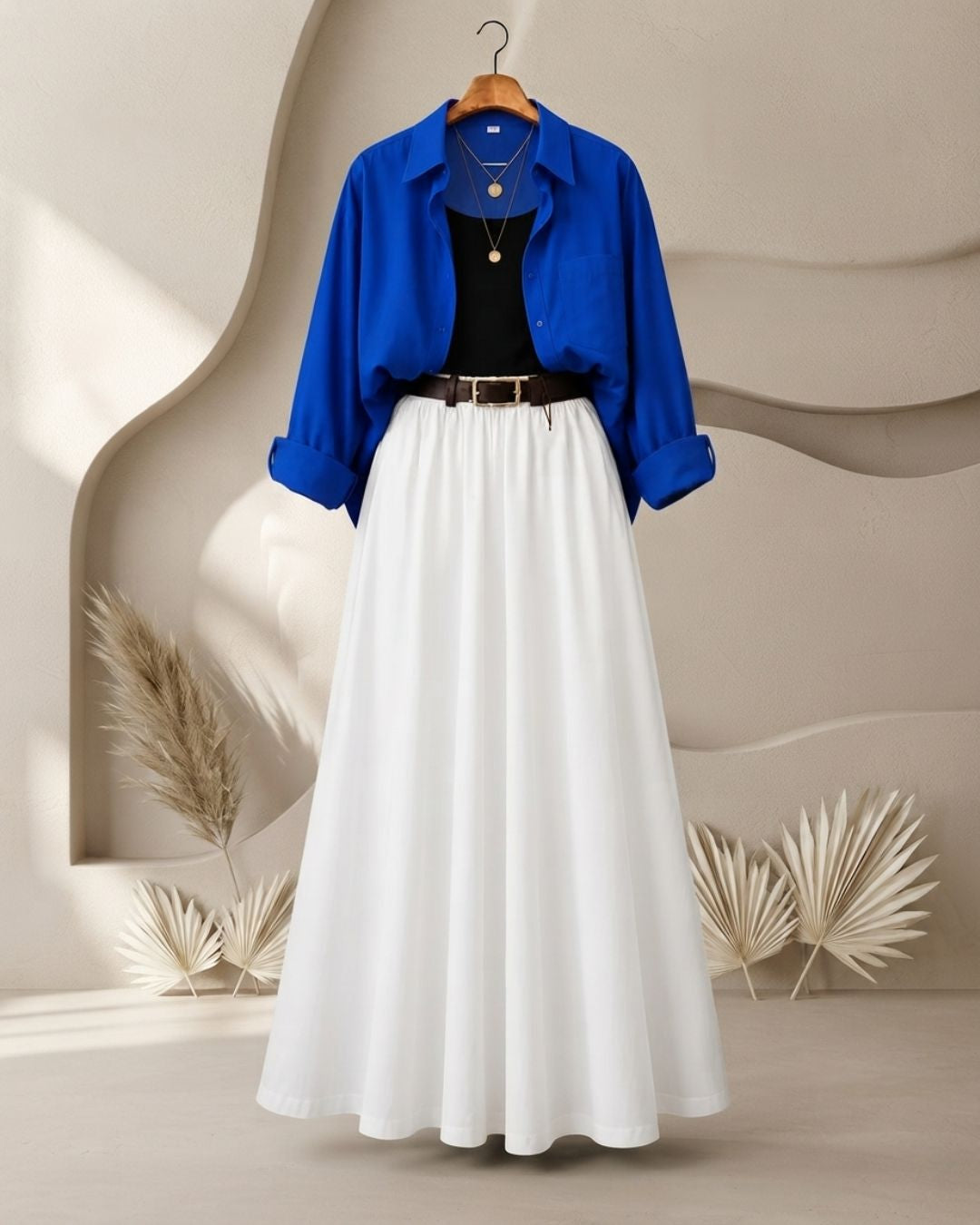 SUMMER TRIO PACK ( ROYAL BLUE BUTTON DOWN SHIRT WITH BLACK INNER AND WHITE MAXI SKIRT )