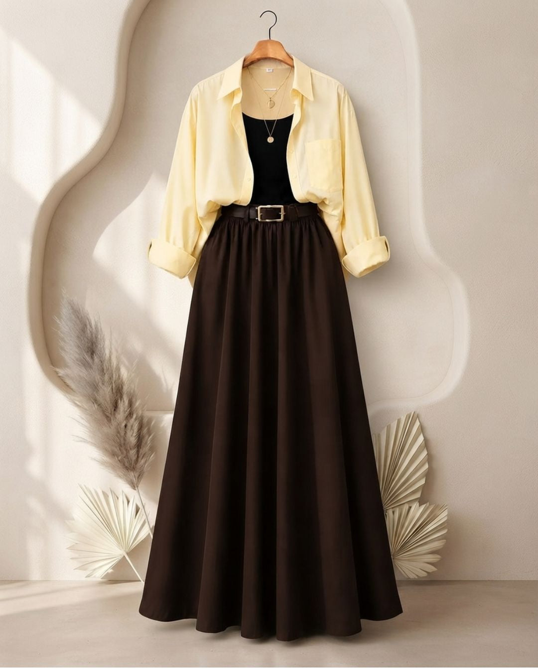 SUMMER TRIO PACK ( BEIGE BUTTON DOWN SHIRT WITH WHITE INNER AND DARK BROWN MAXI SKIRT)