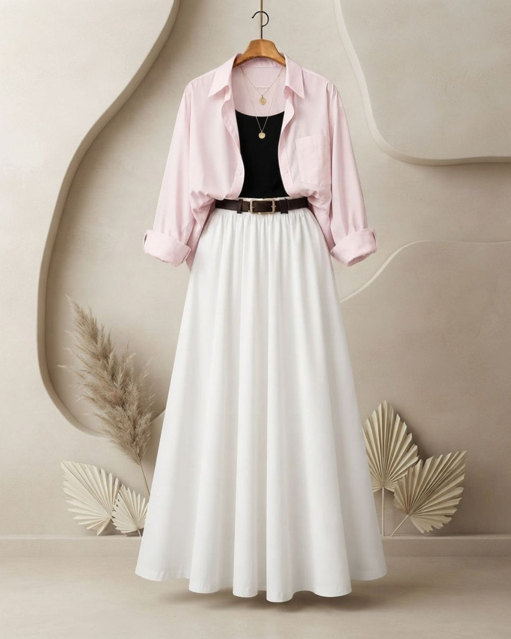 SUMMER TRIO PACK ( BABY PINK BUTTON DOWN SHIRT WITH BLACK INNER AND WHITE MAXI SKIRT )
