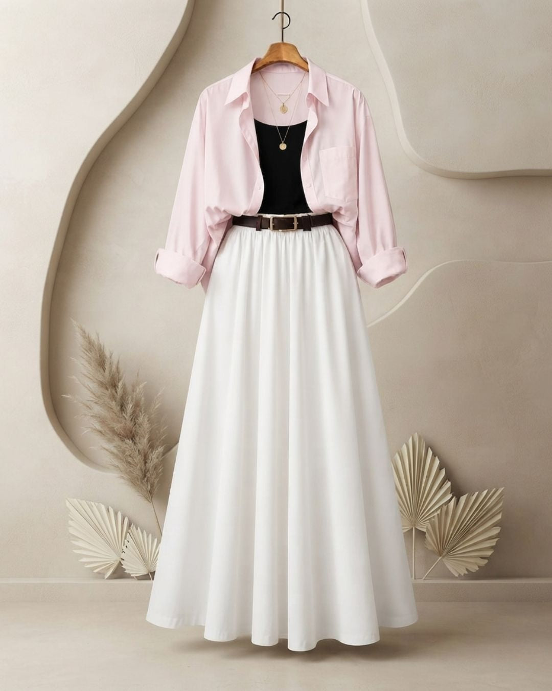 SUMMER TRIO PACK ( BABY PINK BUTTON DOWN SHIRT WITH BLACK INNER AND WHITE MAXI SKIRT )