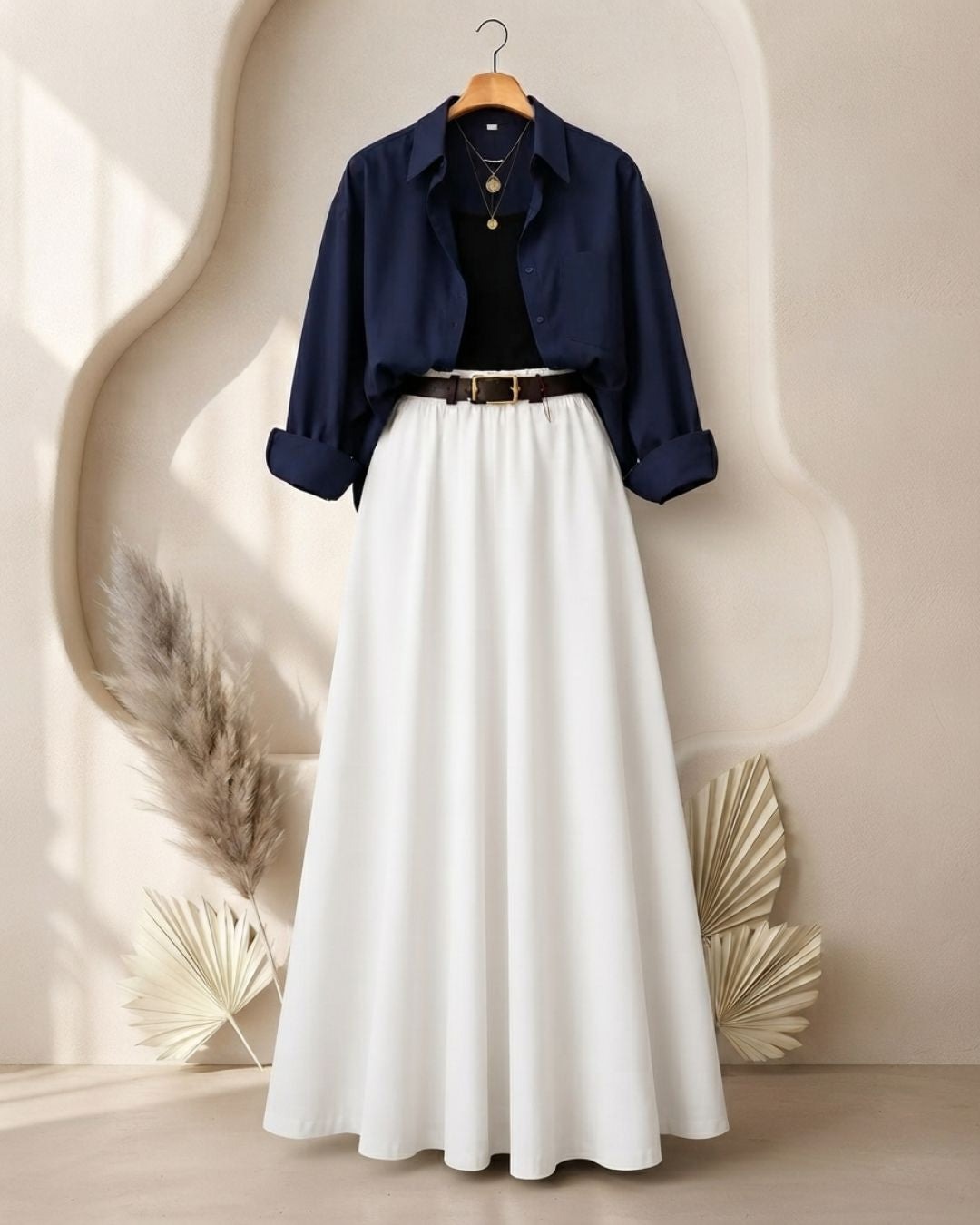 SUMMER TRIO PACK ( NAVY BLUE BUTTON DOWN SHIRT WITH BLACK INNER AND WHITE MAXI SKIRT)
