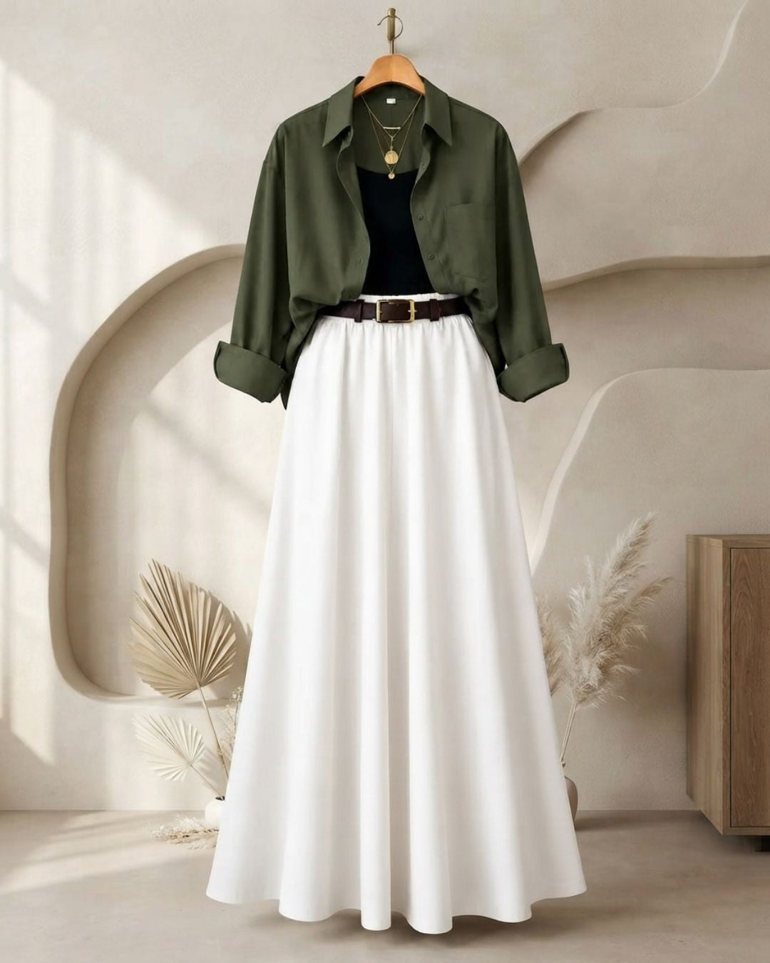 SUMMER TRIO PACK ( OLIVE GREEN BUTTON DOWN SHIRT WITH BLACK INNER AND WHITE MAXI SKIRT )