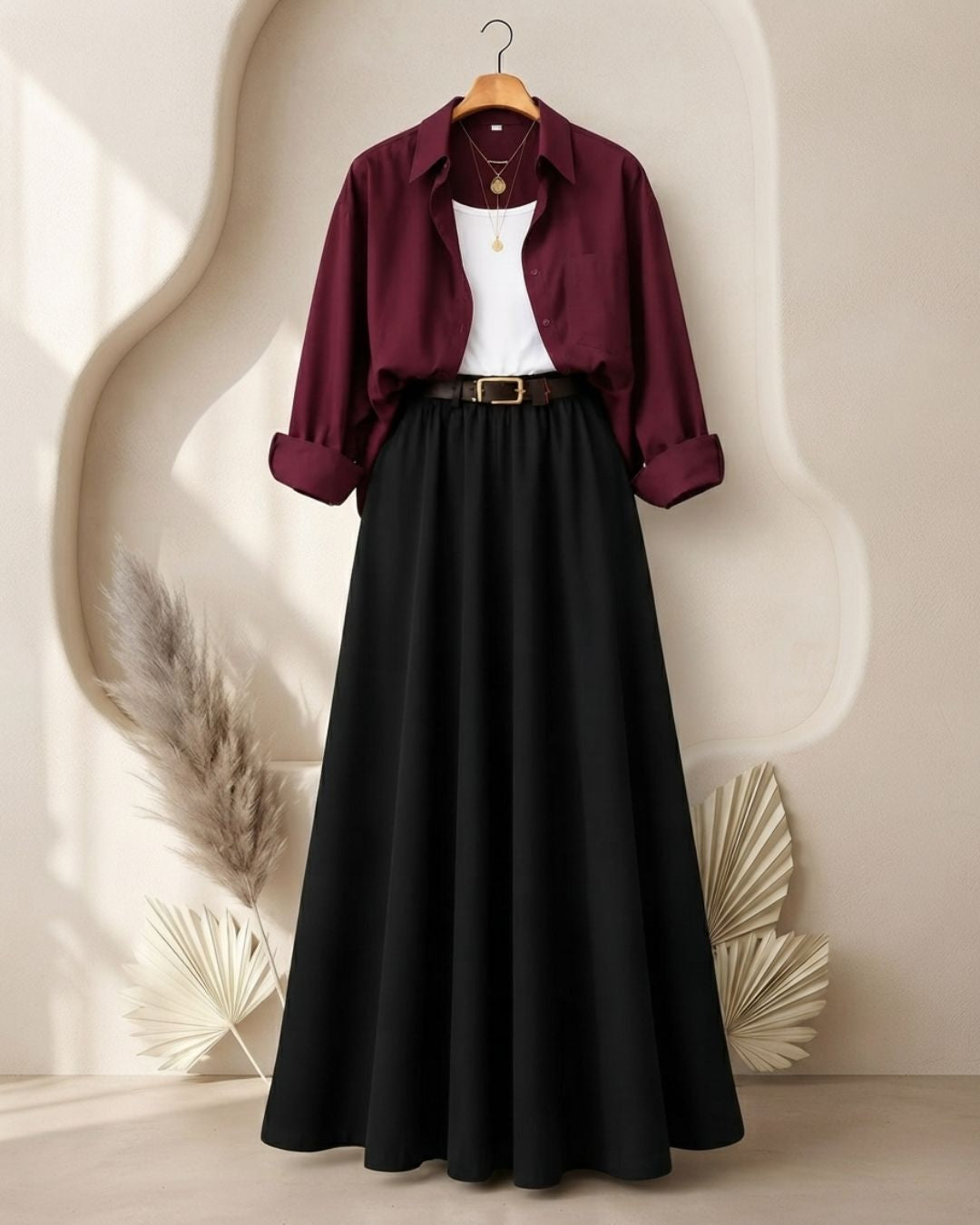 SUMMER TRIO PACK ( MAROON BUTTON DOWN SHIRT WITH WHITE INNER AND BLACK MAXI SKIRT)
