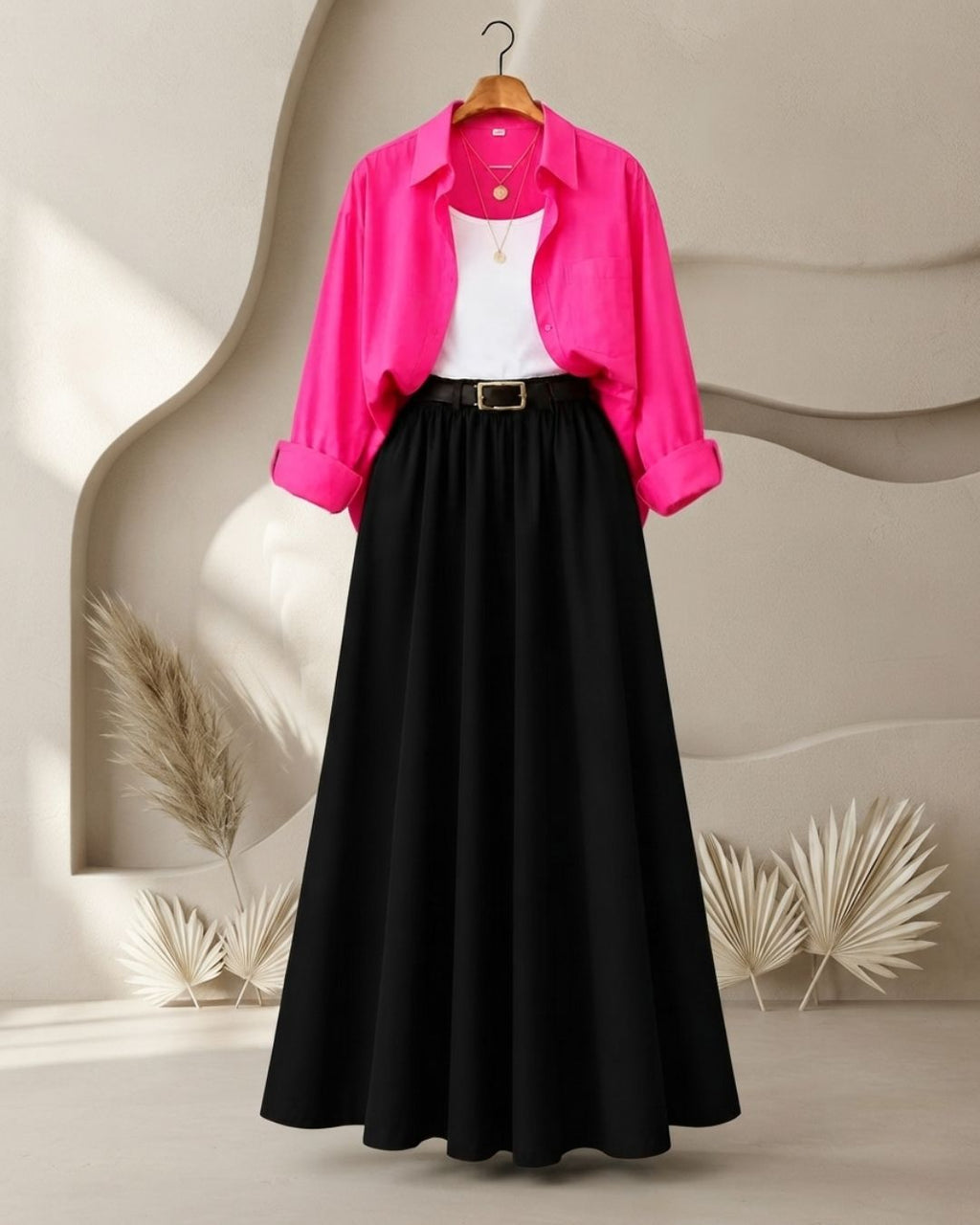 SUMMER TRIO PACK ( SHOCKING PINK BUTTON DOWN SHIRT WITH WHITE INNER AND BLACK MAXI SKIRT )