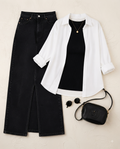 SUMMER TRIO PACK ( WHITE BUTTON DOWN SHIRT WITH BLACK INNER AND BLACK DENIM SKIRT )