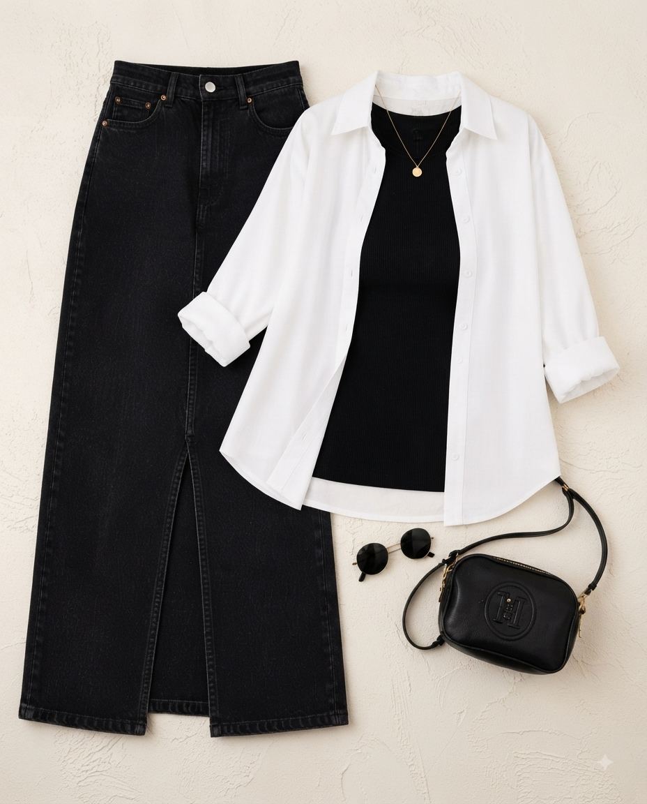 SUMMER TRIO PACK ( WHITE BUTTON DOWN SHIRT WITH BLACK INNER AND BLACK DENIM SKIRT )